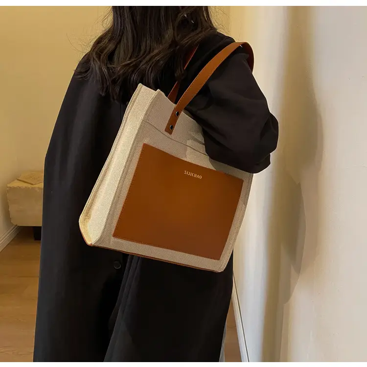 Korean Style Canvas Tote Bag Beige Black Large Capacity — feature 10