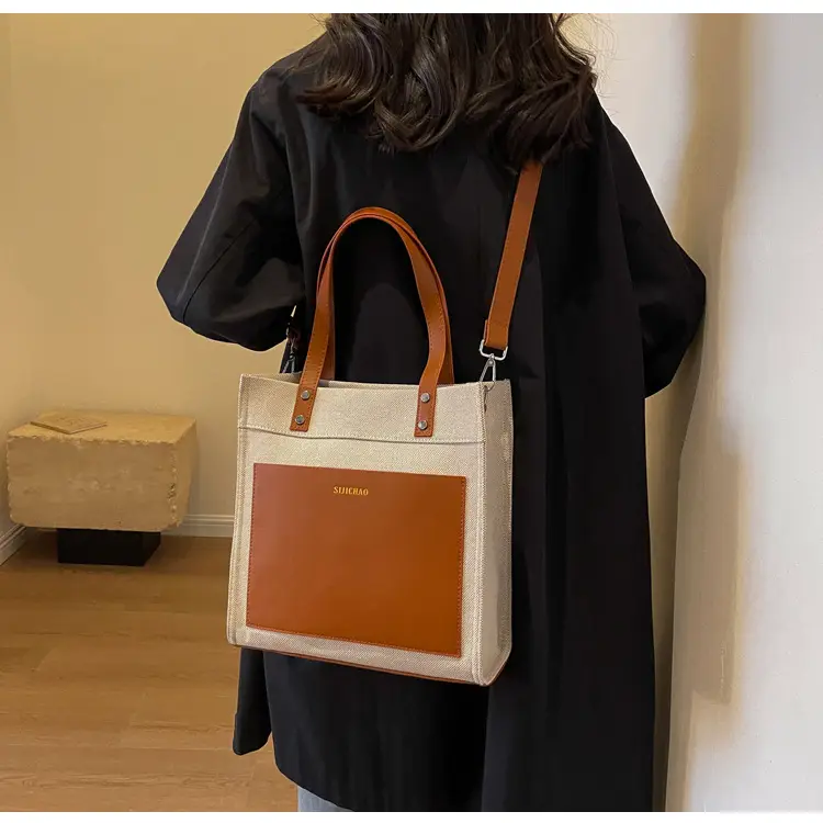 Korean Style Canvas Tote Bag Beige Black Large Capacity — feature 11