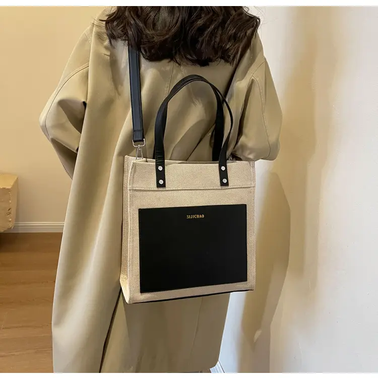 Korean Style Canvas Tote Bag Beige Black Large Capacity — feature 12