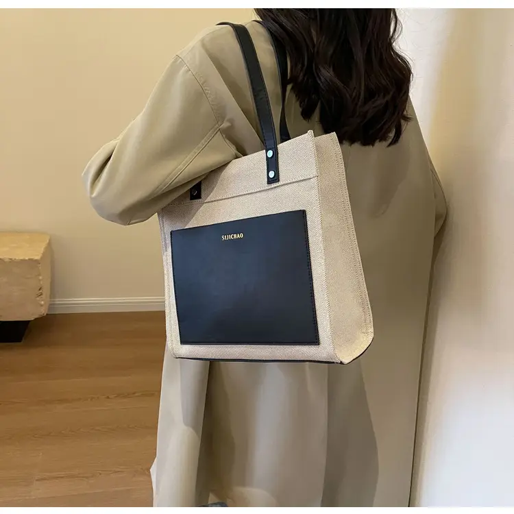 Korean Style Canvas Tote Bag Beige Black Large Capacity — feature 13
