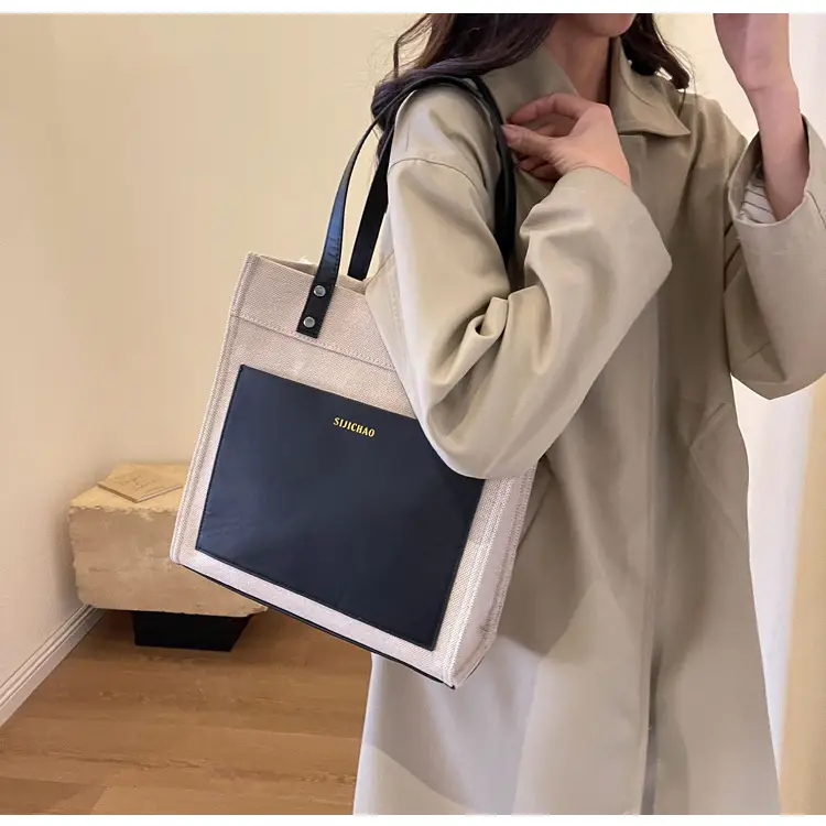 Korean Style Canvas Tote Bag Beige Black Large Capacity — feature 14