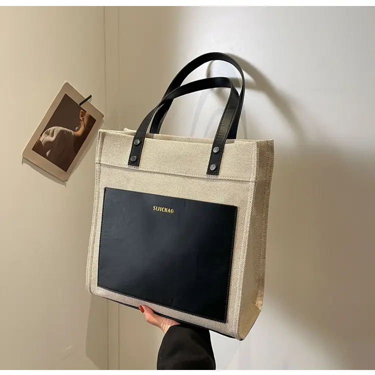 Korean Style Canvas Tote Bag Beige Black Large Capacity — feature 20