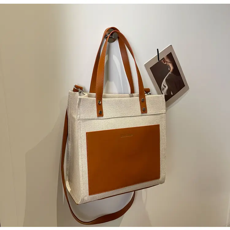Korean Style Canvas Tote Bag Beige Black Large Capacity — feature 25