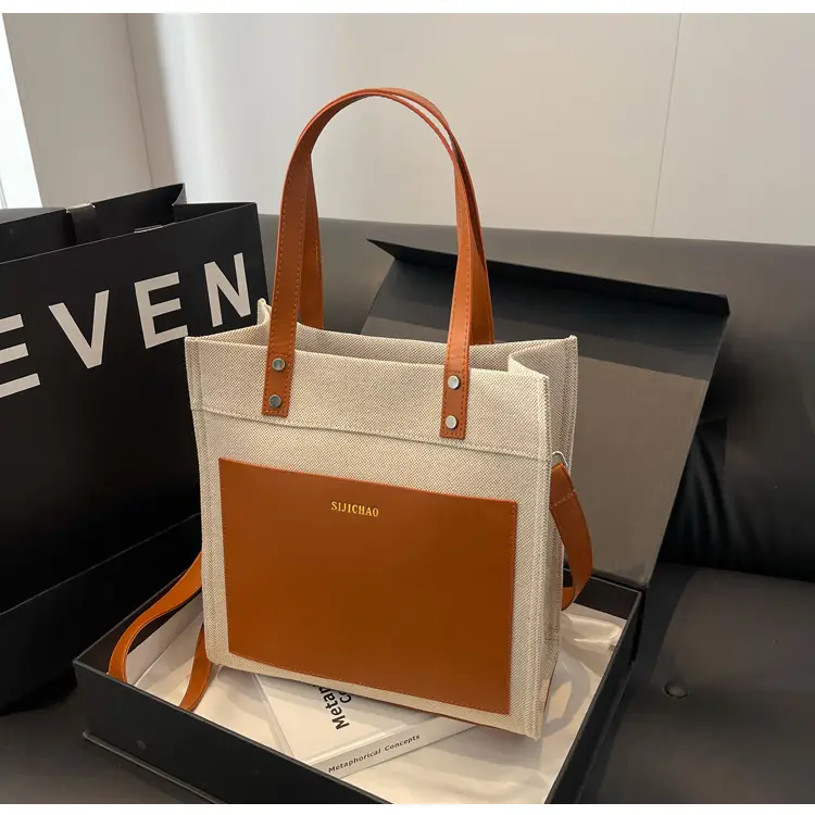 Korean Style Canvas Tote Bag Beige Black Large Capacity — feature 26