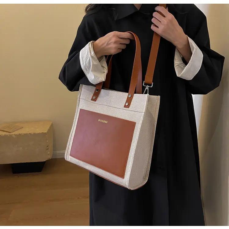 Korean Style Canvas Tote Bag Beige Black Large Capacity — feature 9