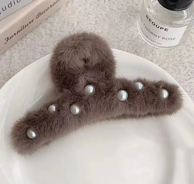 White Pearl Plush Hair Clip for Girls