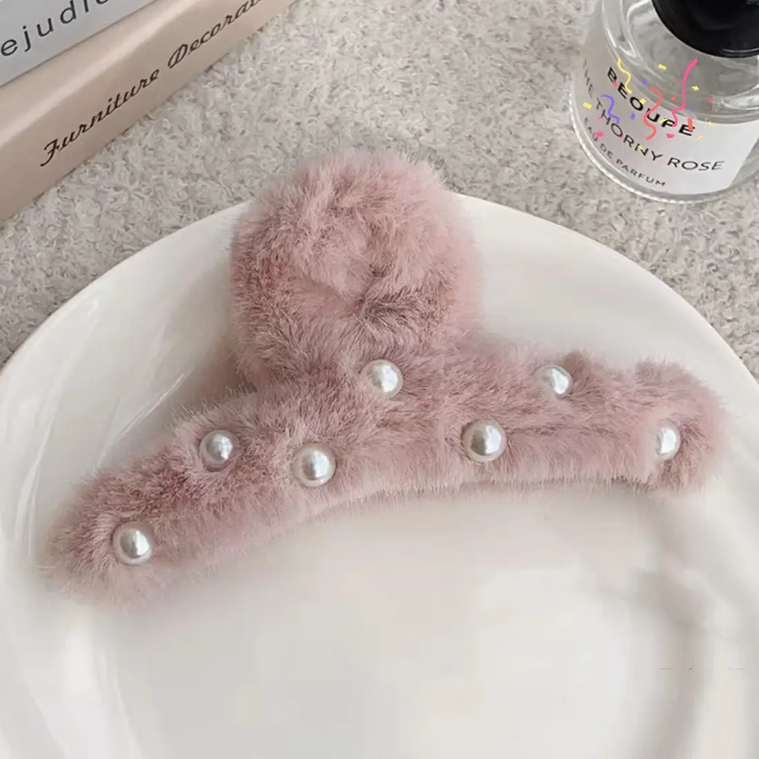 White Pearl Plush Hair Clip for Girls