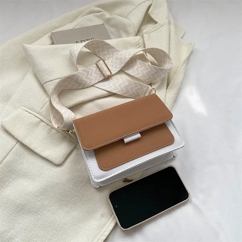 Women's tan white square shoulder bag with strap