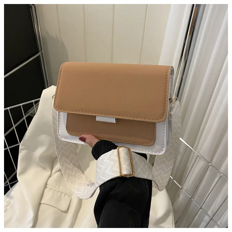 Women's tan white square shoulder bag with strap — feature 12