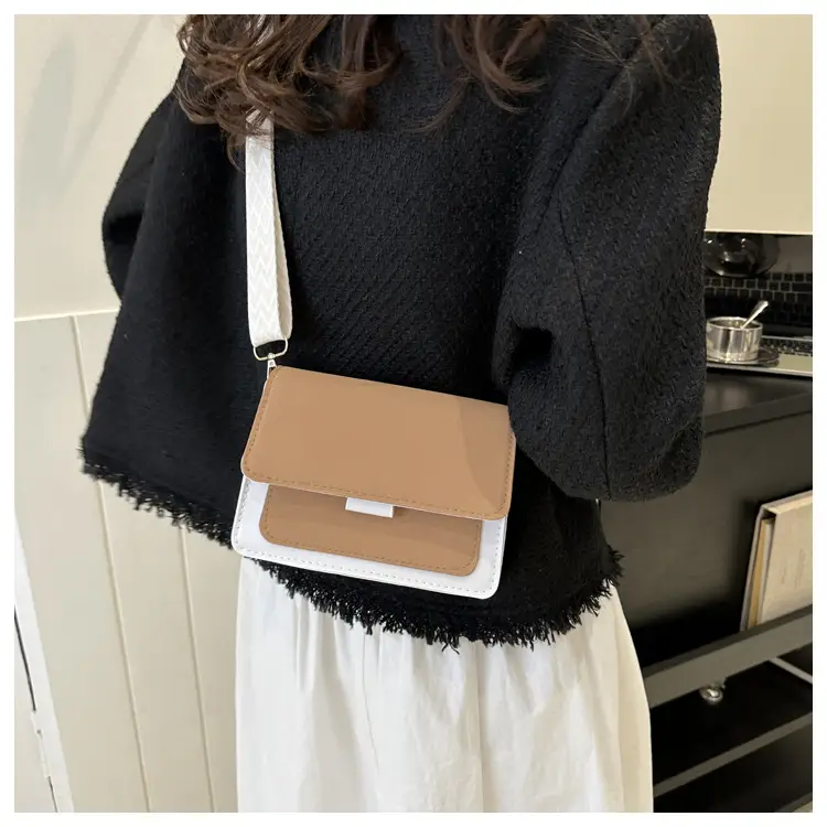 Women's tan white square shoulder bag with strap — feature 16