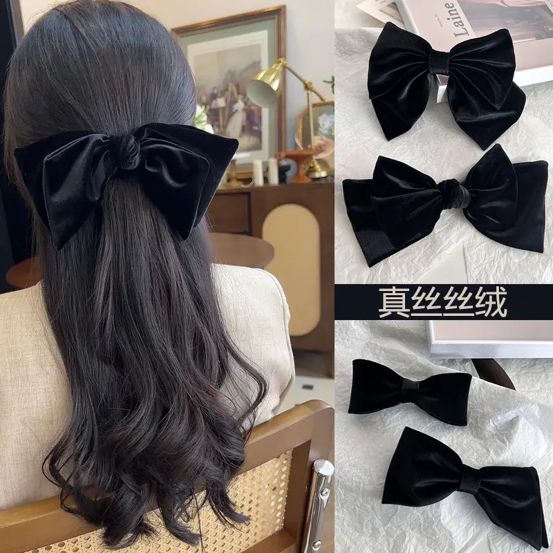 Black Silk Velvet Hairpin with Elegant Bow Design - Image 3