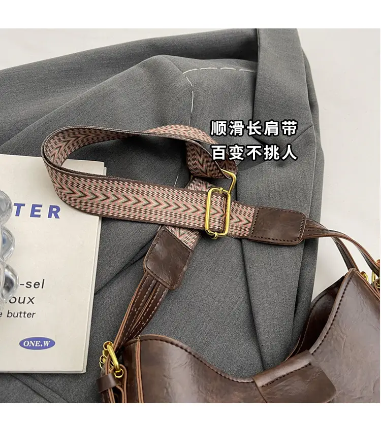 Women's Brown Leather Crossbody Bag with Patterned Strap — feature 12