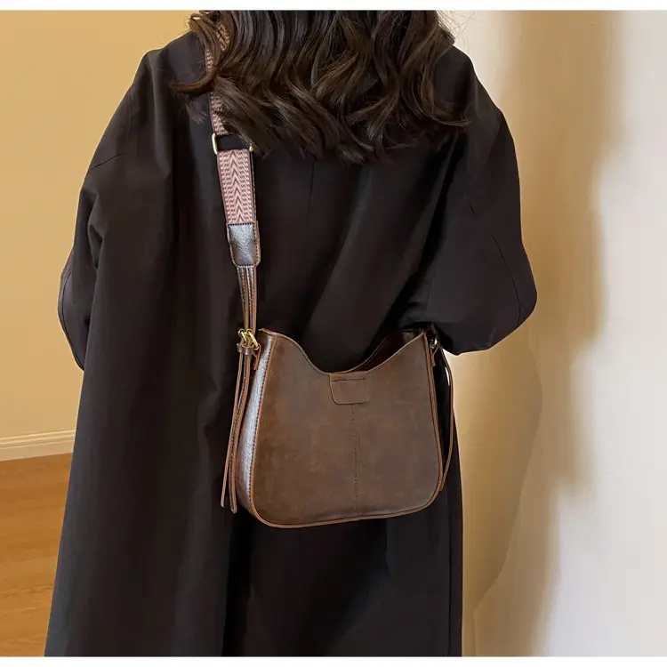 Women's Brown Leather Crossbody Bag with Patterned Strap — feature 18