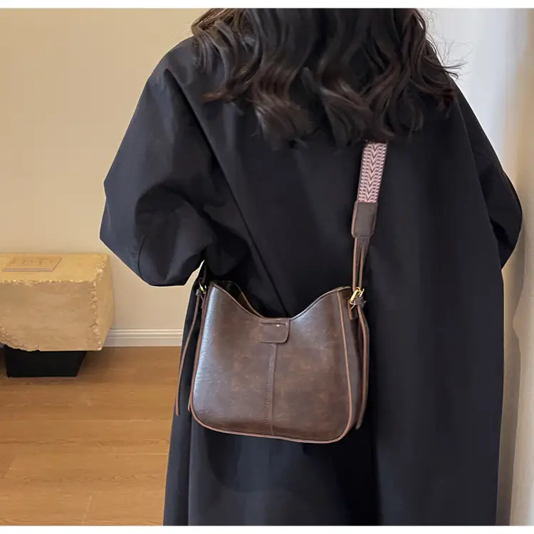 Women's Brown Leather Crossbody Bag with Patterned Strap — feature 19