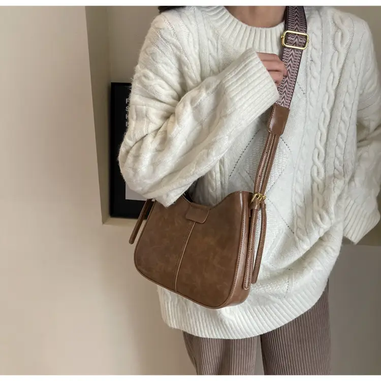 Women's Brown Leather Crossbody Bag with Patterned Strap — feature 23