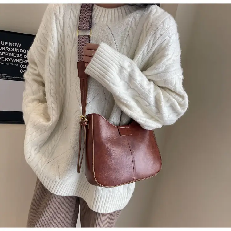 Women's Brown Leather Crossbody Bag with Patterned Strap — feature 26