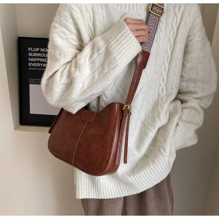 Women's Brown Leather Crossbody Bag with Patterned Strap — feature 27