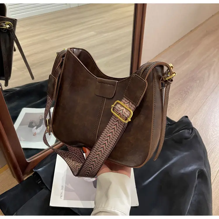 Women's Brown Leather Crossbody Bag with Patterned Strap — feature 32