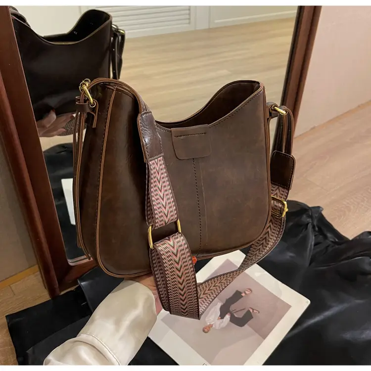 Women's Brown Leather Crossbody Bag with Patterned Strap — feature 33