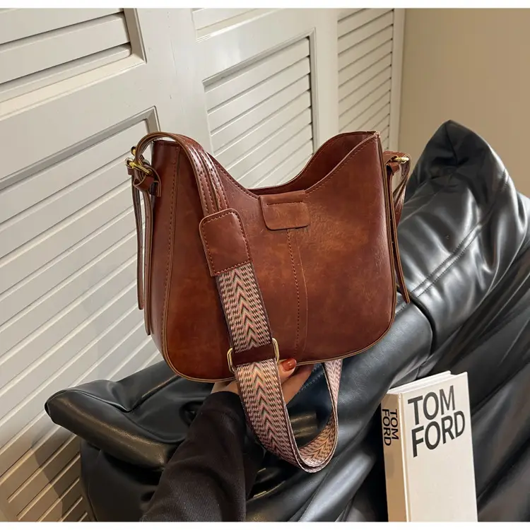 Women's Brown Leather Crossbody Bag with Patterned Strap — feature 35