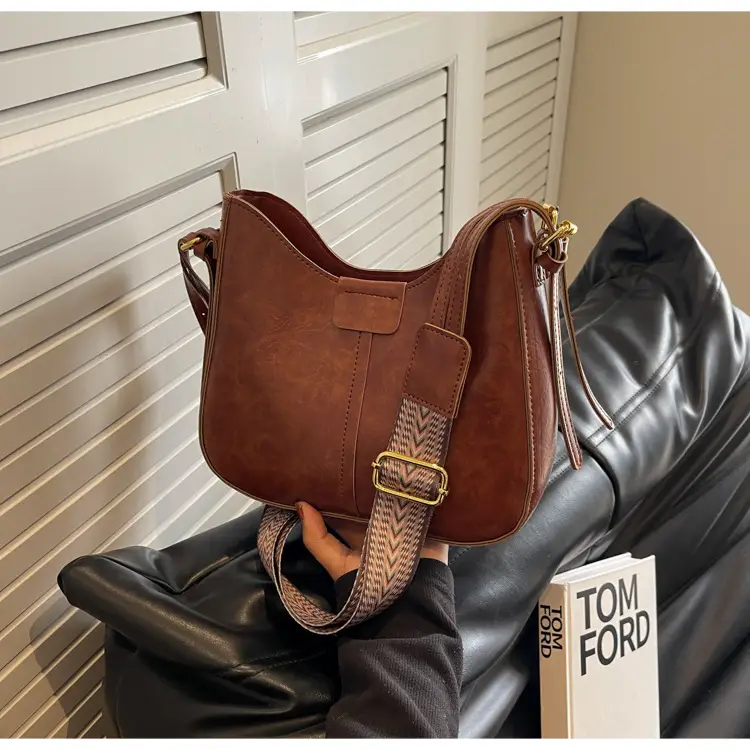 Women's Brown Leather Crossbody Bag with Patterned Strap — feature 36