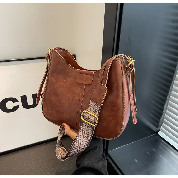 Women's Brown Leather Crossbody Bag with Patterned Strap — feature 37
