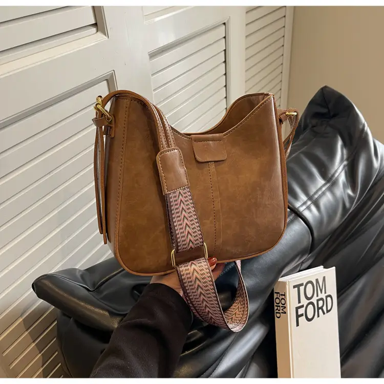 Women's Brown Leather Crossbody Bag with Patterned Strap — feature 38