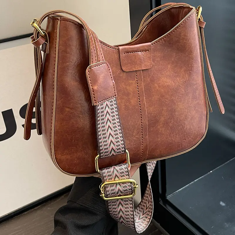 Women's Brown Leather Crossbody Bag with Patterned Strap - Image 3
