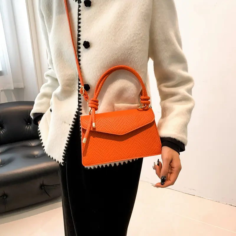 Orange Textured Shoulder Messenger Bag for Women - Image 8