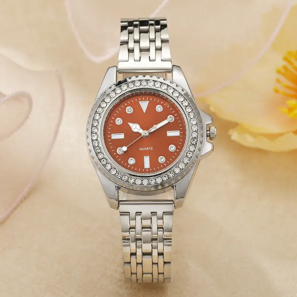 Women's Rhinestone Alloy Watch with Elegant Brown Dial - Image 7
