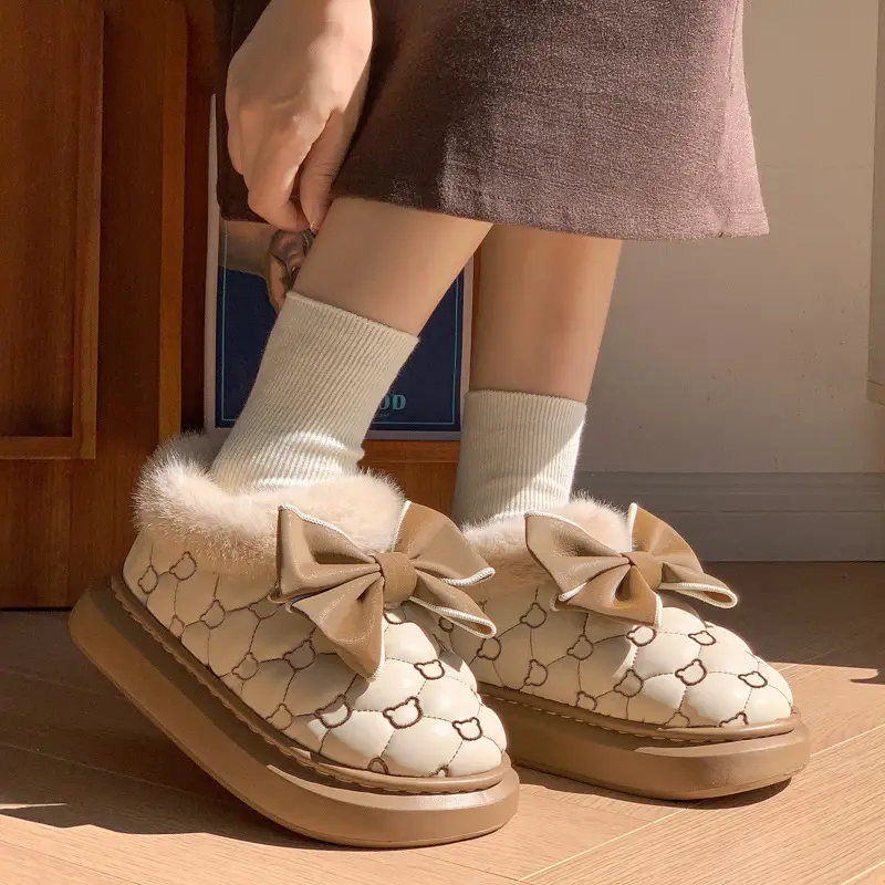 Bowknot Cotton Slippers for Women with Heel Cover, Autumn and Winter Fleece-Lined, Non-Slip, Thick-Soled Home Cotton Shoes, Warm and Suitable for Outdoor Wear - Image 5