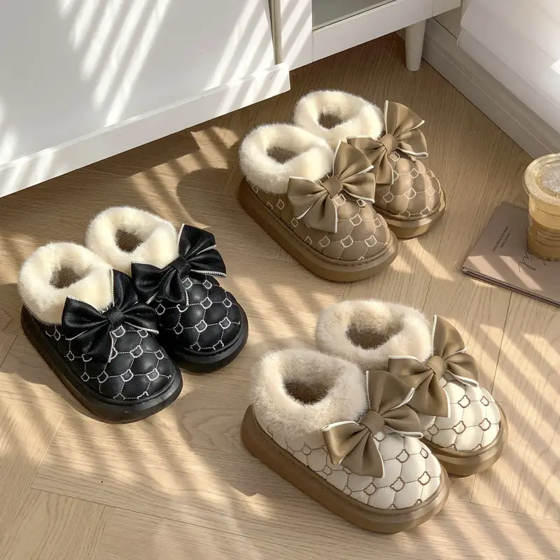 Bowknot Cotton Slippers for Women with Heel Cover, Autumn and Winter Fleece-Lined, Non-Slip, Thick-Soled Home Cotton Shoes, Warm and Suitable for Outdoor Wear - Image 7