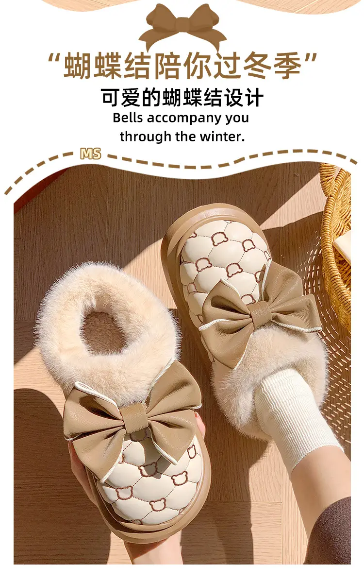 Bowknot Cotton Slippers for Women with Heel Cover, Autumn and Winter Fleece-Lined, Non-Slip, Thick-Soled Home Cotton Shoes, Warm and Suitable for Outdoor Wear — feature 2