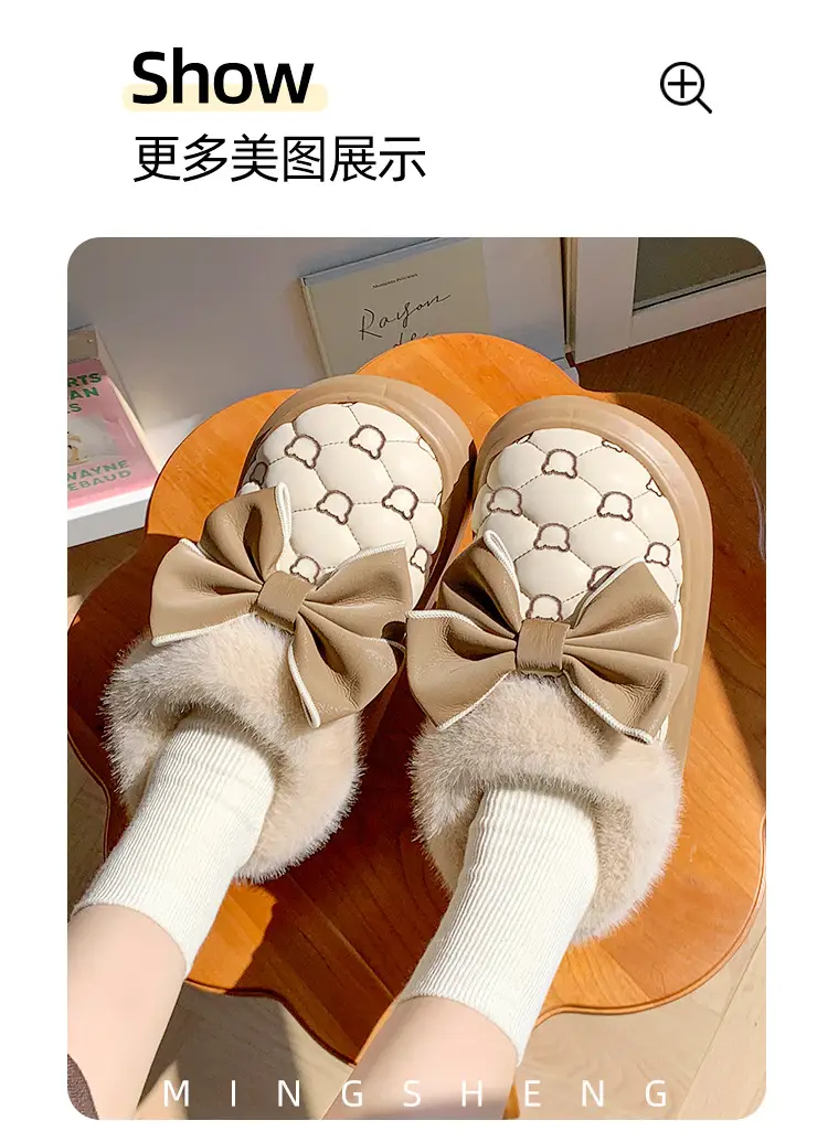 Bowknot Cotton Slippers for Women with Heel Cover, Autumn and Winter Fleece-Lined, Non-Slip, Thick-Soled Home Cotton Shoes, Warm and Suitable for Outdoor Wear — feature 3