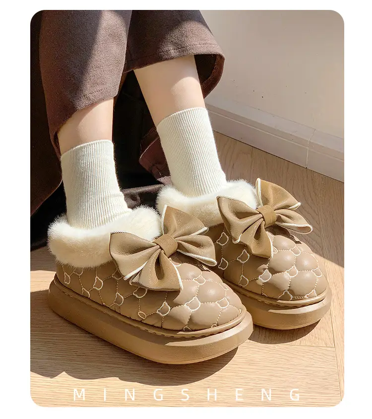Bowknot Cotton Slippers for Women with Heel Cover, Autumn and Winter Fleece-Lined, Non-Slip, Thick-Soled Home Cotton Shoes, Warm and Suitable for Outdoor Wear — feature 5