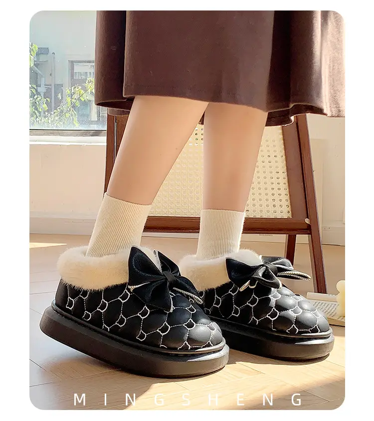 Bowknot Cotton Slippers for Women with Heel Cover, Autumn and Winter Fleece-Lined, Non-Slip, Thick-Soled Home Cotton Shoes, Warm and Suitable for Outdoor Wear — feature 7