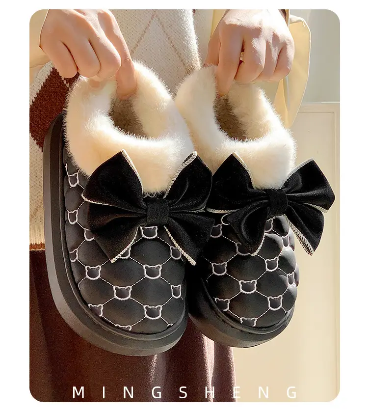 Bowknot Cotton Slippers for Women with Heel Cover, Autumn and Winter Fleece-Lined, Non-Slip, Thick-Soled Home Cotton Shoes, Warm and Suitable for Outdoor Wear — feature 8
