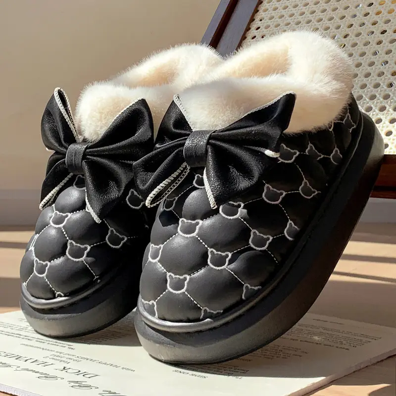 Bowknot Cotton Slippers for Women with Heel Cover, Autumn and Winter Fleece-Lined, Non-Slip, Thick-Soled Home Cotton Shoes, Warm and Suitable for Outdoor Wear - Image 3