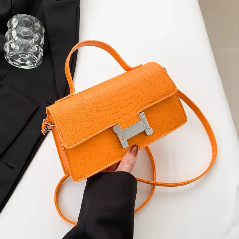 Orange Croc Leather Shoulder Bag for Women - Image 4