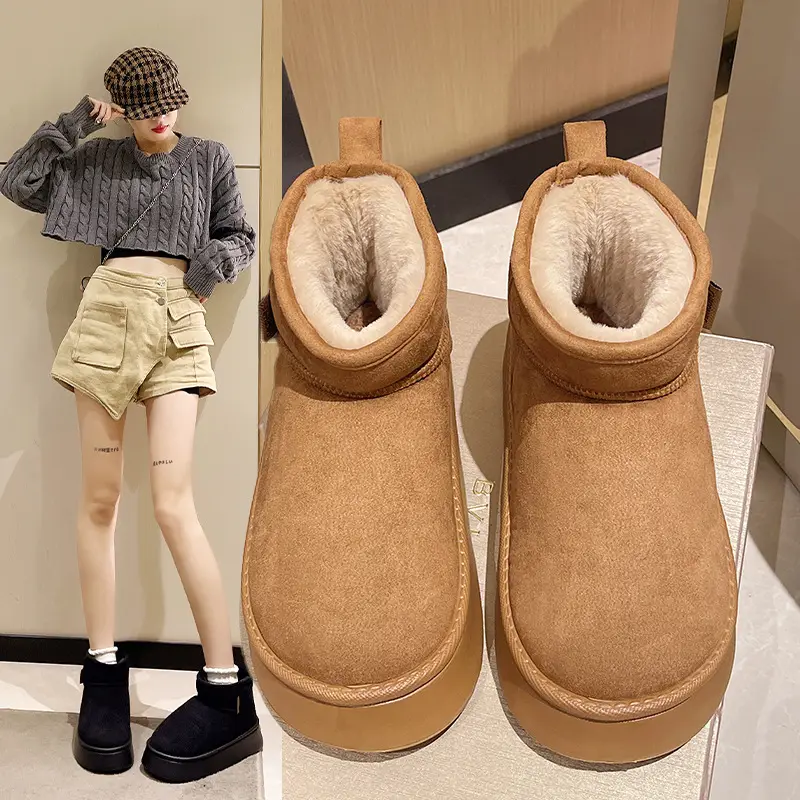 2026 New Model Height-Increasing Warm Short-Tube Thick-Soled Snow Boots for Women, Winter Fleece-Lined and Thickened Leather and Fur Integrated Thick Cotton Shoes - Image 4