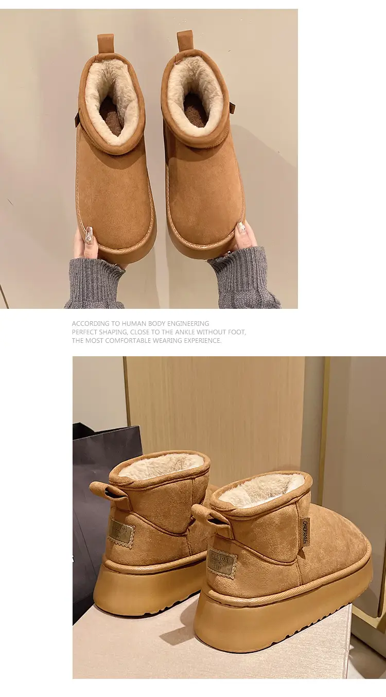 2026 New Model Height-Increasing Warm Short-Tube Thick-Soled Snow Boots for Women, Winter Fleece-Lined and Thickened Leather and Fur Integrated Thick Cotton Shoes — feature 14
