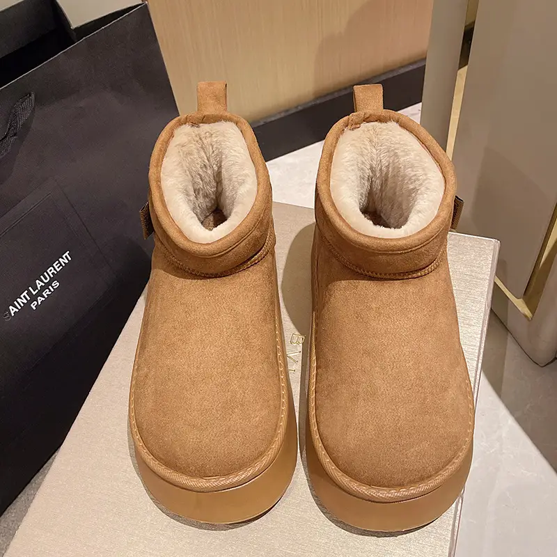 2026 New Model Height-Increasing Warm Short-Tube Thick-Soled Snow Boots for Women, Winter Fleece-Lined and Thickened Leather and Fur Integrated Thick Cotton Shoes - Image 2