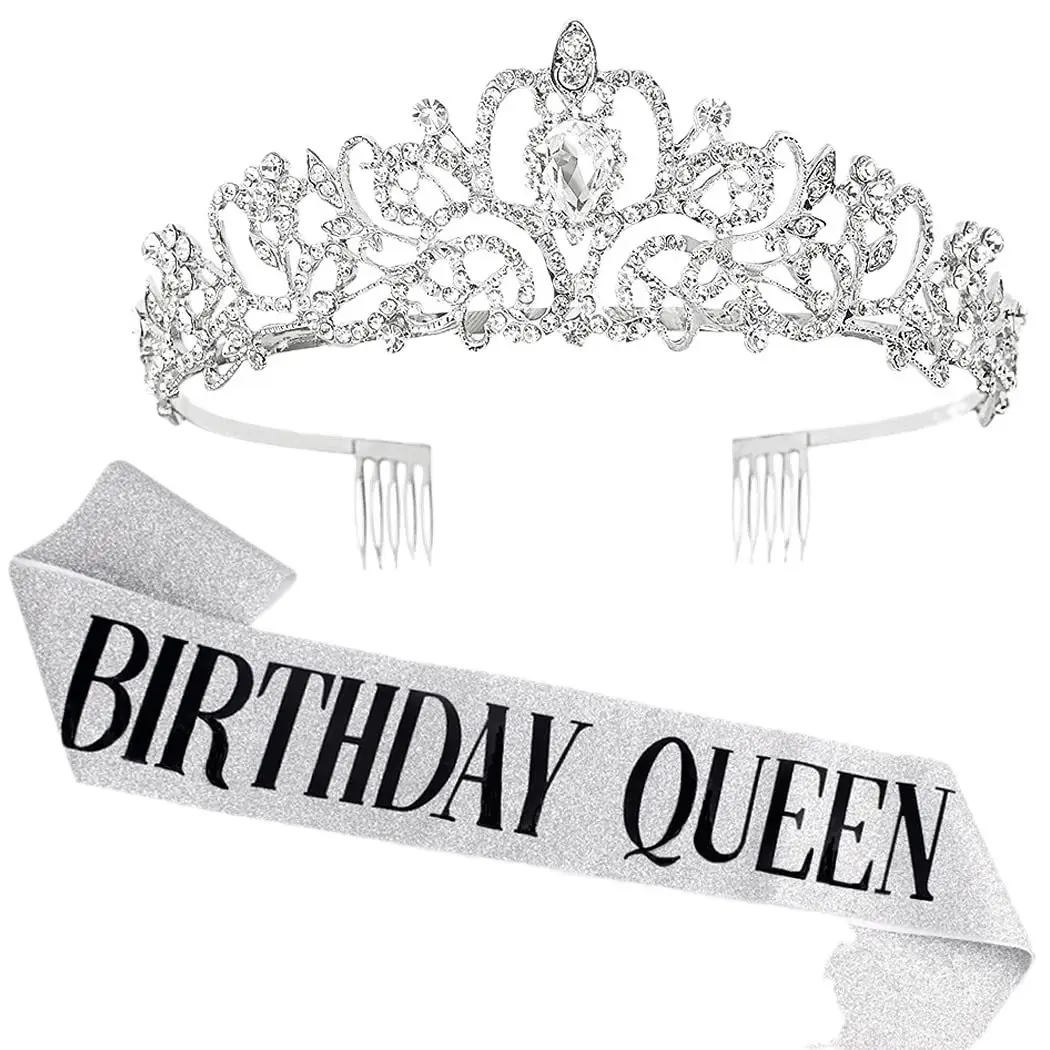Birthday Queen Crown Headband with Ribbon & Combs