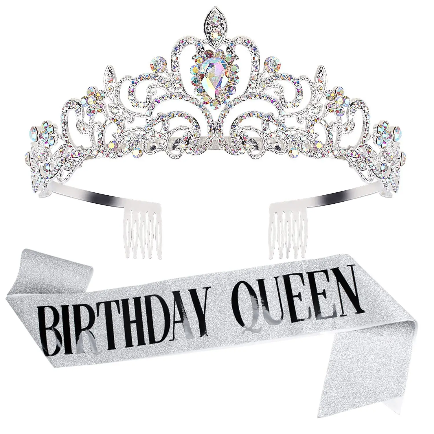 Birthday Queen Crown Headband with Ribbon & Combs