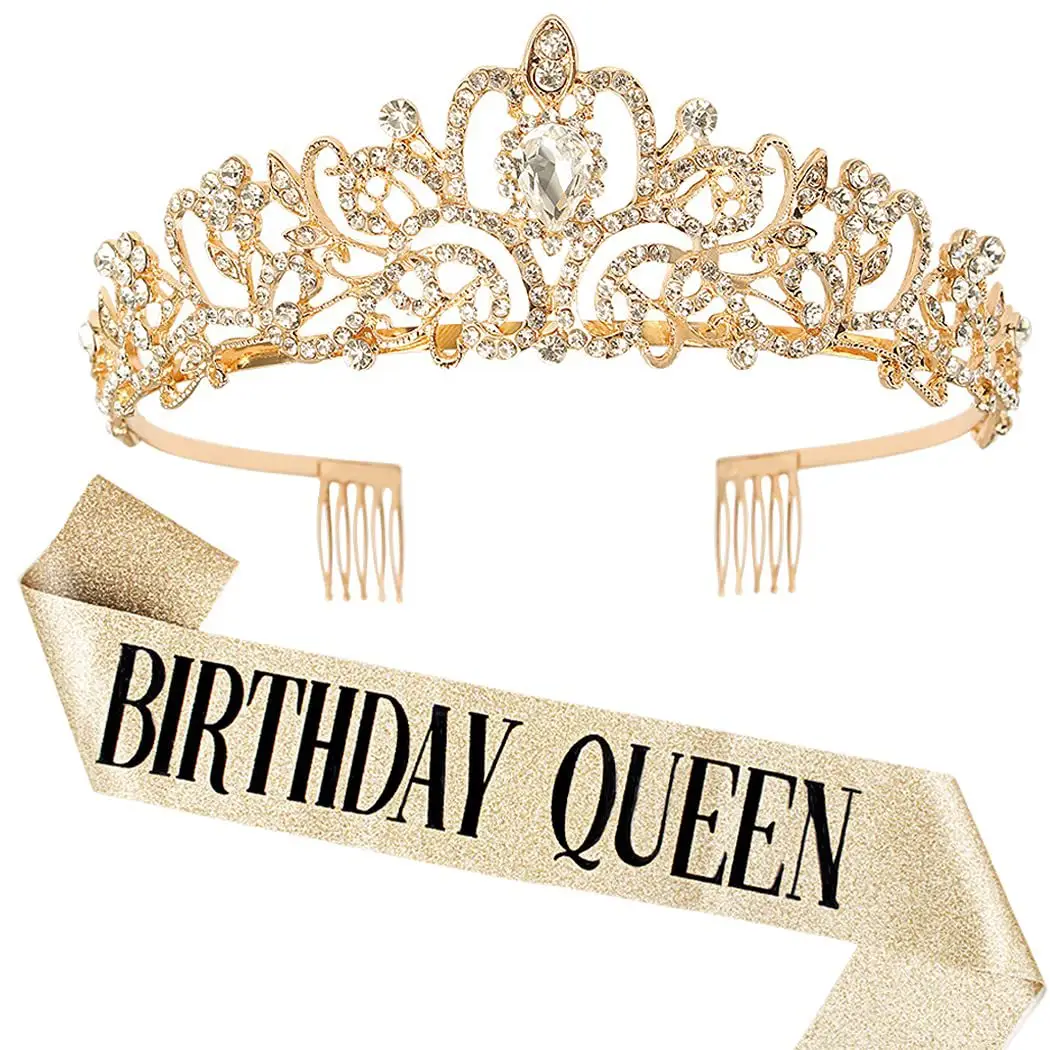 Birthday Queen Crown Headband with Ribbon & Combs