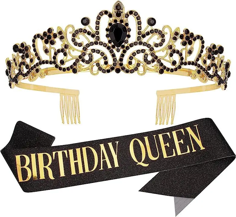 Birthday Queen Crown Headband with Ribbon & Combs