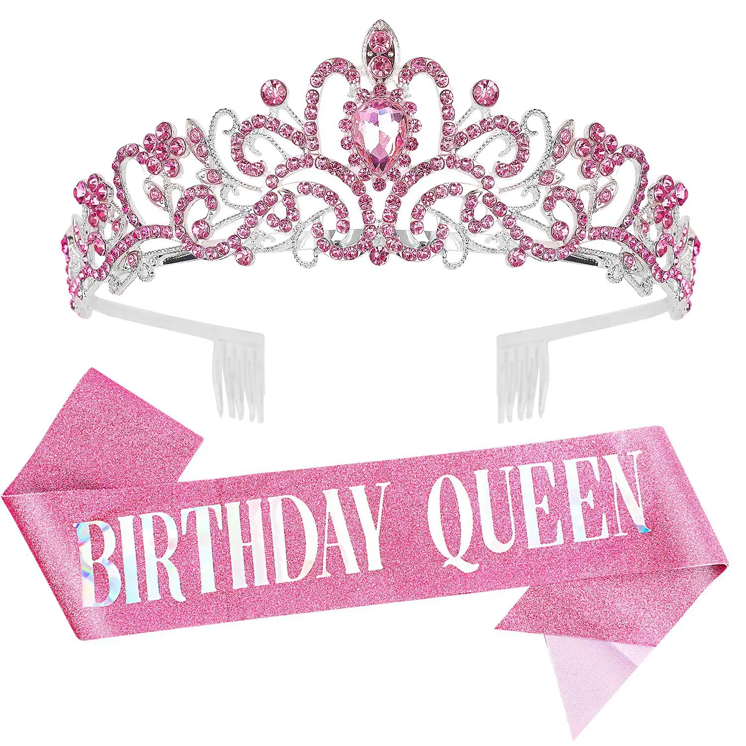 Birthday Queen Crown Headband with Ribbon & Combs