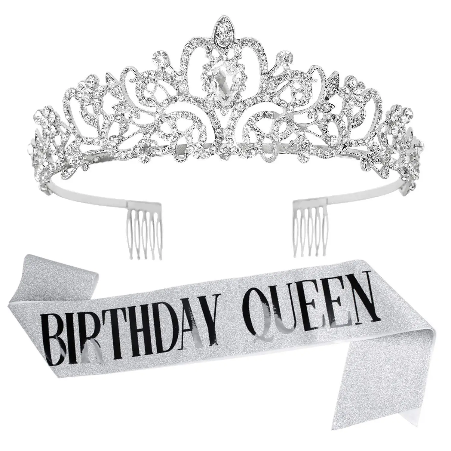 Birthday Queen Crown Headband with Ribbon & Combs