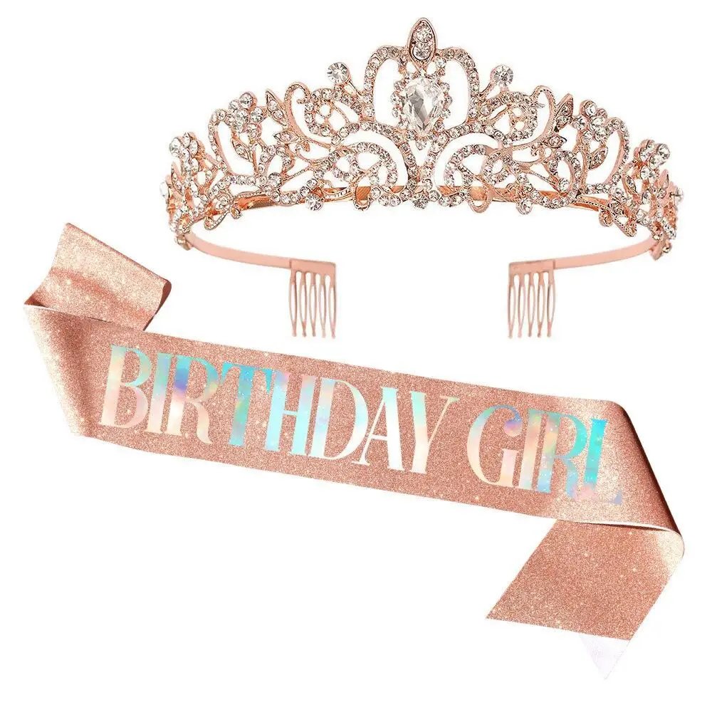 Birthday Queen Crown Headband with Ribbon & Combs