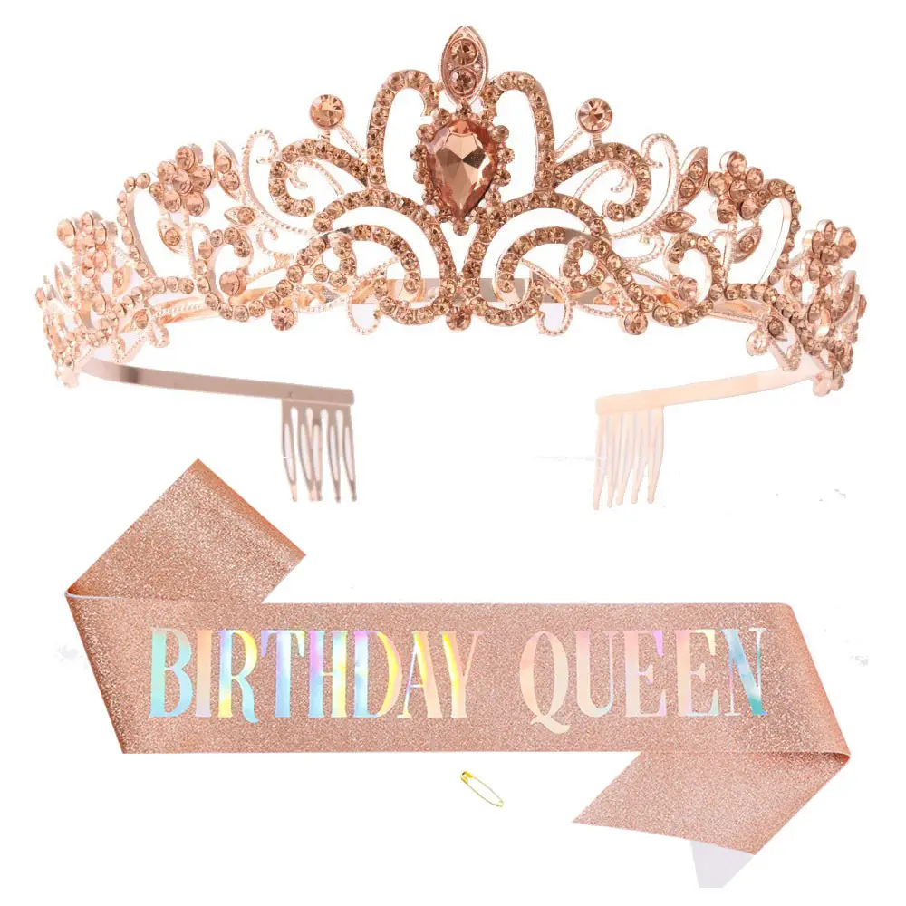 Birthday Queen Crown Headband with Ribbon & Combs